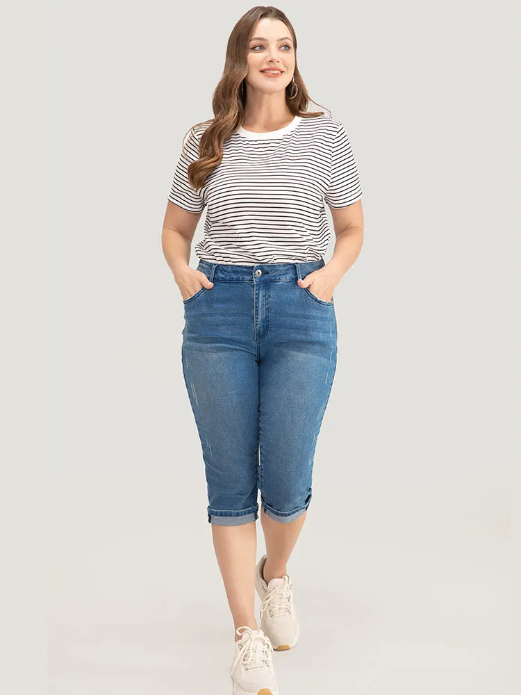 Very Stretchy Medium Wash Roll Hem Knee Denim Shorts sold by Bloomchic product image thumbnail 3