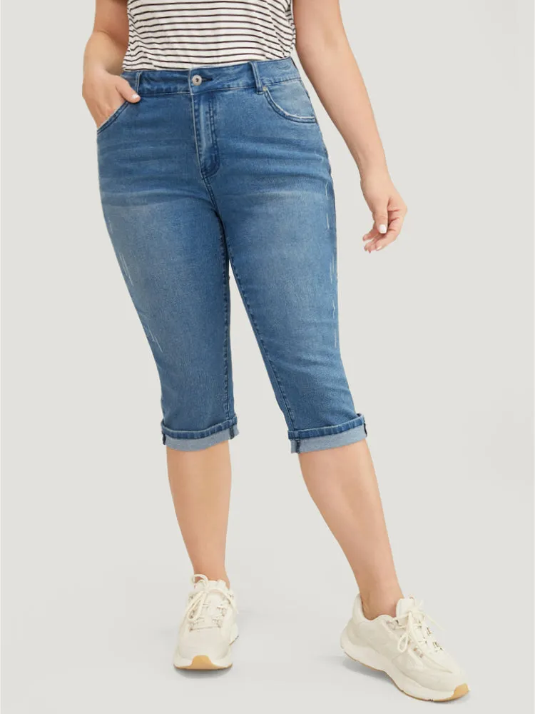 Very Stretchy Medium Wash Roll Hem Knee Denim Shorts sold by Bloomchic product image thumbnail 2