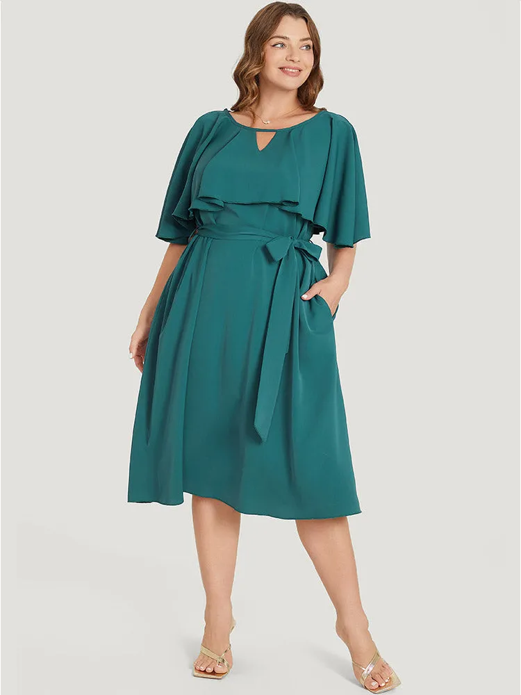 Plain Keyhole Pocket Belted Ruffles Dress sold by Bloomchic