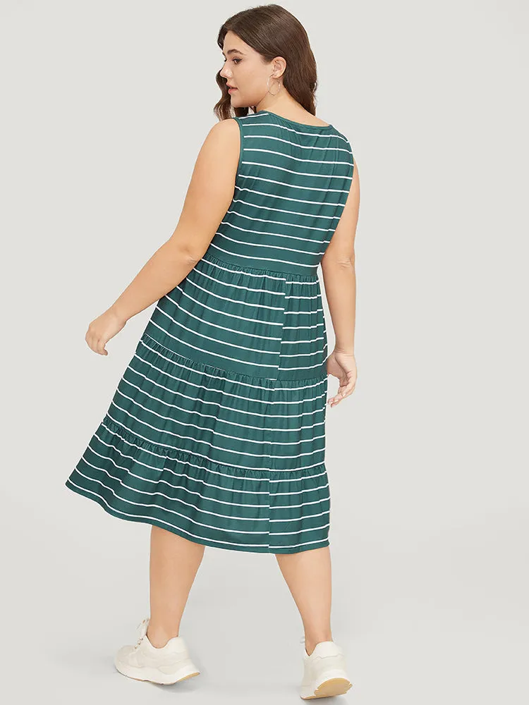Striped Print Button Detail Ruffle Tiered V Neck Tank Dress sold by Bloomchic product image thumbnail 2