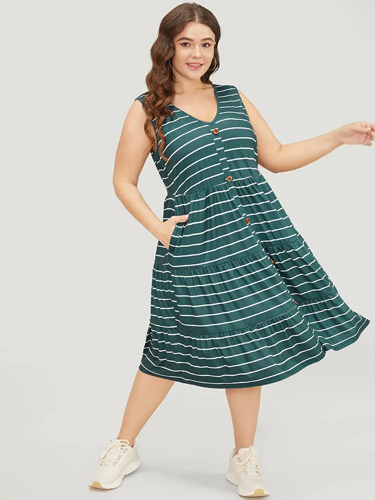 Striped Print Button Detail Ruffle Tiered V Neck Tank Dress sold by Bloomchic product image thumbnail 3
