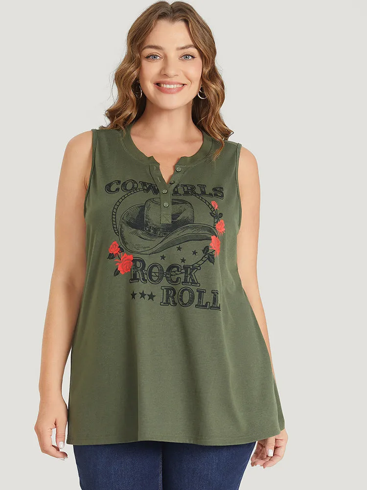 Rose & Letter Print Button Up Graphic Tank Top sold by Bloomchic