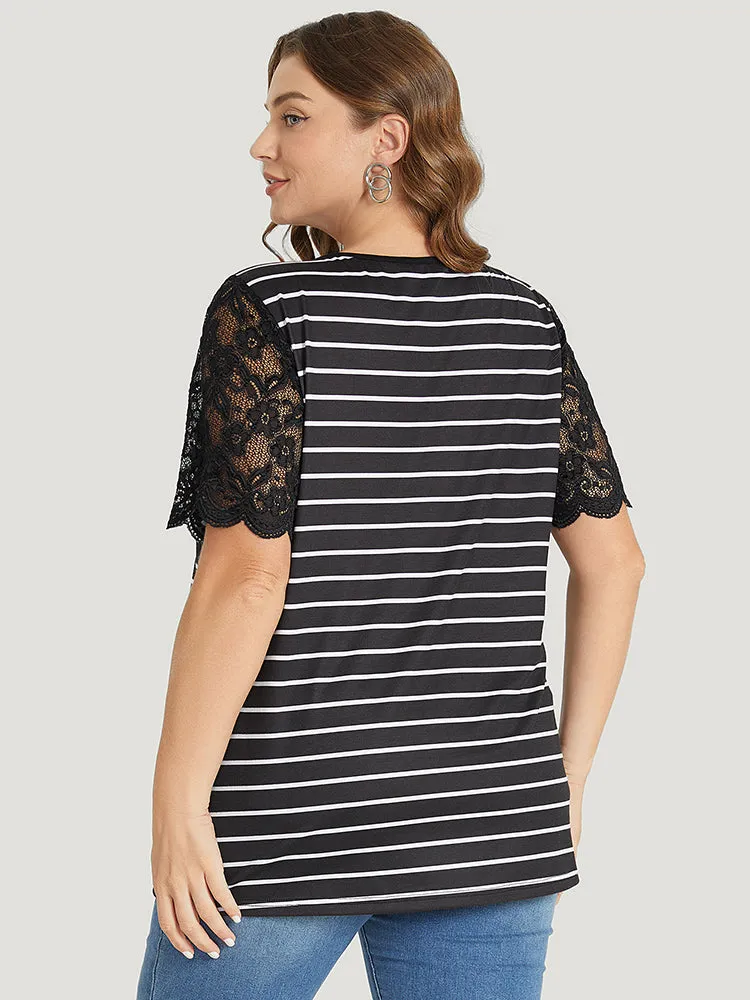 Striped Patchwork Lace Scalloped Trim T-shirt sold by Bloomchic product image thumbnail 5