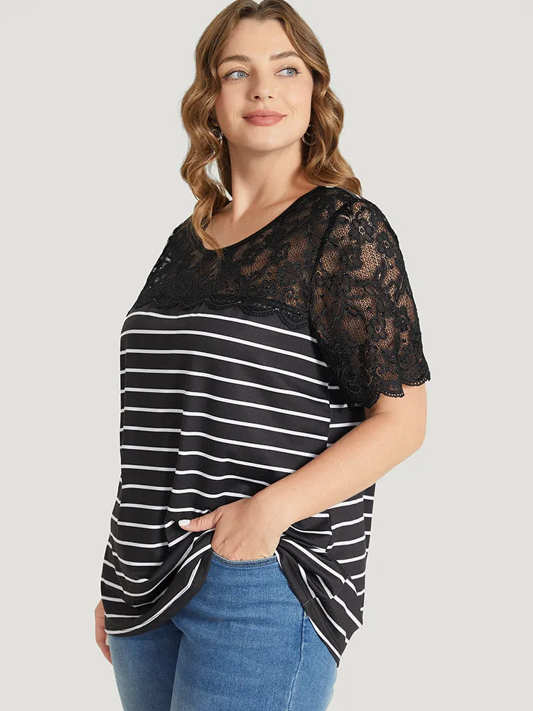 Striped Patchwork Lace Scalloped Trim T-shirt sold by Bloomchic product image thumbnail 4