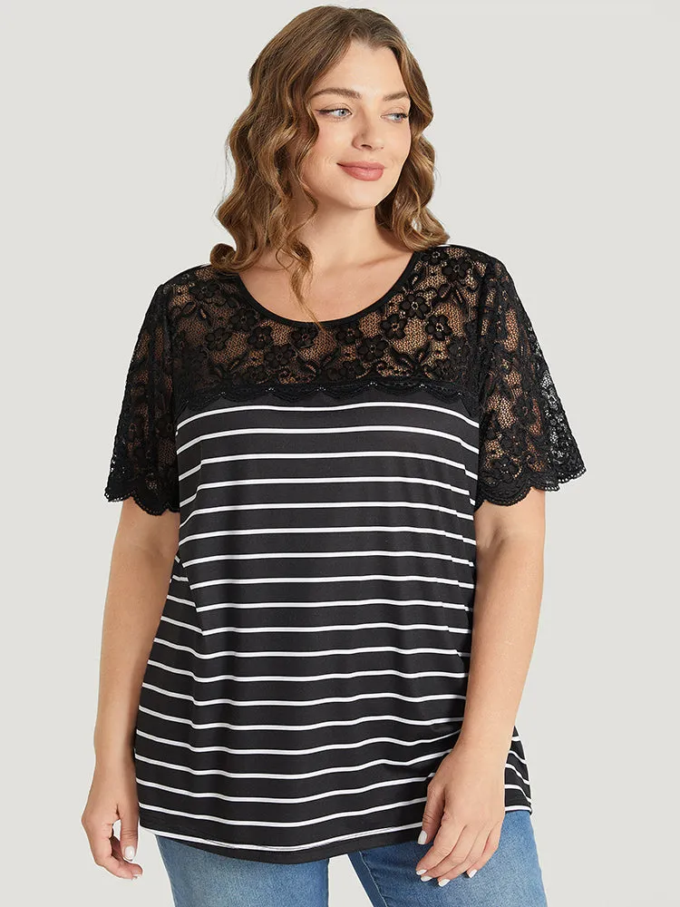 Striped Patchwork Lace Scalloped Trim T-shirt sold by Bloomchic product image thumbnail 3