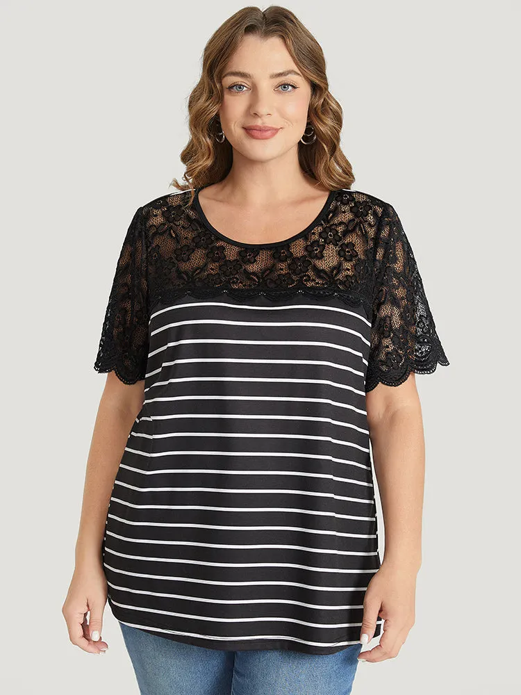 Striped Patchwork Lace Scalloped Trim T-shirt sold by Bloomchic product image thumbnail 2