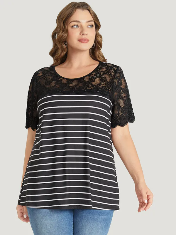 Striped Patchwork Lace Scalloped Trim T-shirt sold by Bloomchic