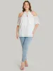 Plain Geometric Knotted Keyhole Cold Shoulder Ruffle Blouse sold by Bloomchic