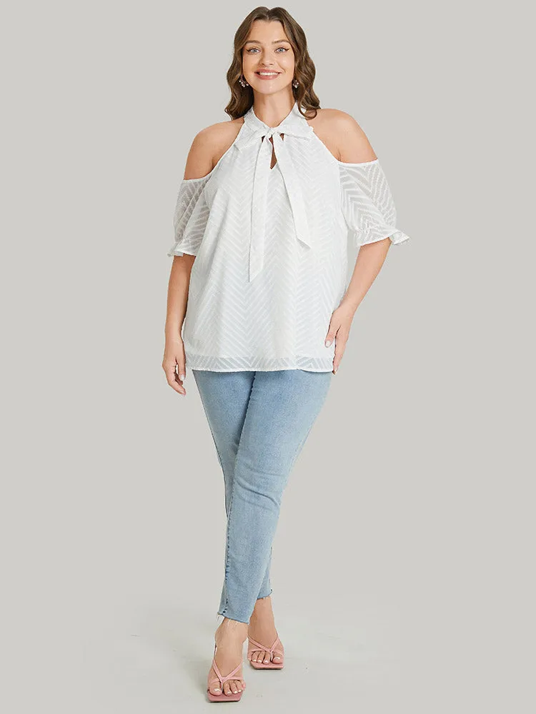 Plain Geometric Knotted Keyhole Cold Shoulder Ruffle Blouse sold by Bloomchic product image thumbnail 4