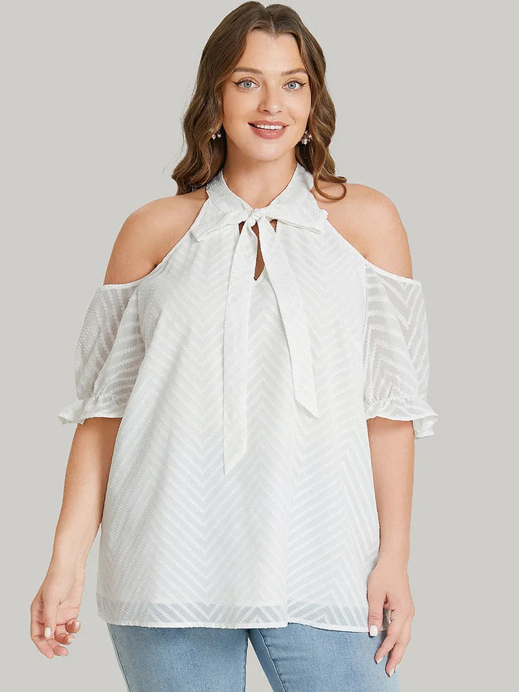 Plain Geometric Knotted Keyhole Cold Shoulder Ruffle Blouse sold by Bloomchic