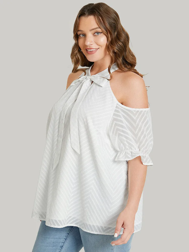 Plain Geometric Knotted Keyhole Cold Shoulder Ruffle Blouse sold by Bloomchic product image thumbnail 3