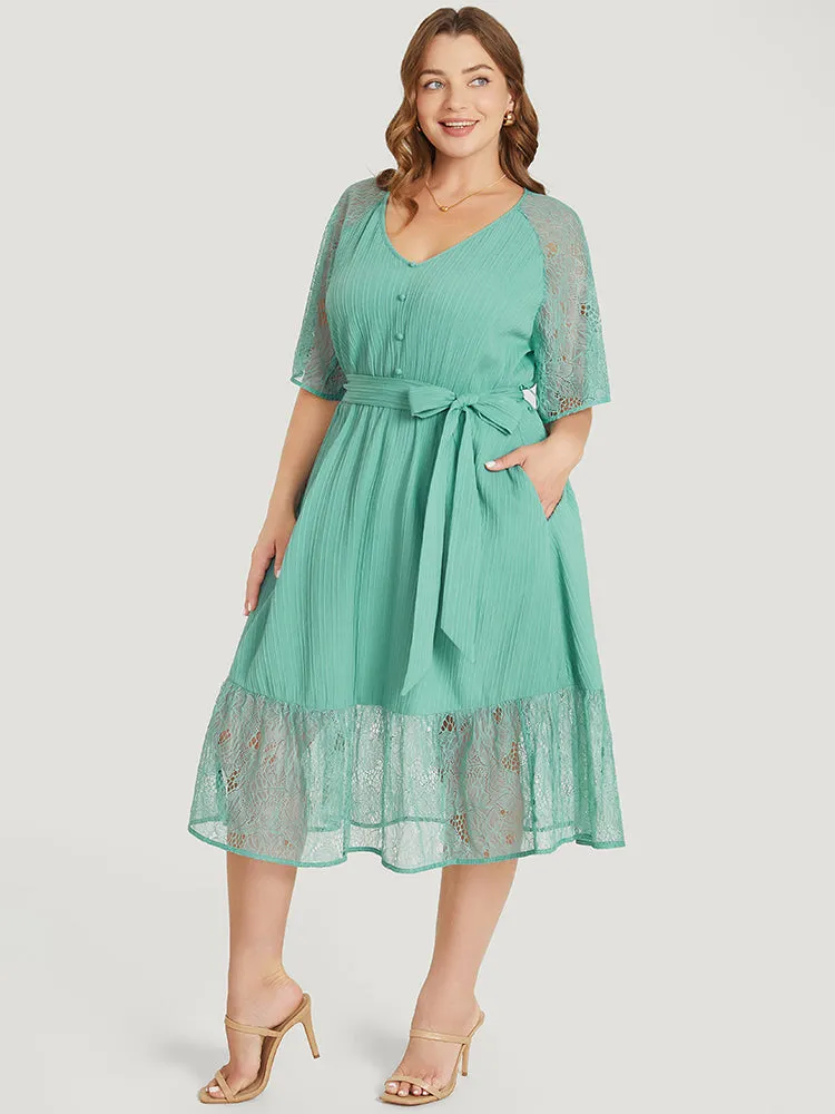 Plain Pocket Lace Raglan Sleeve Ruffle Belted Plisse Dress sold by Bloomchic product image thumbnail 4