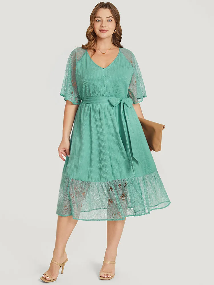 Plain Pocket Lace Raglan Sleeve Ruffle Belted Plisse Dress sold by Bloomchic