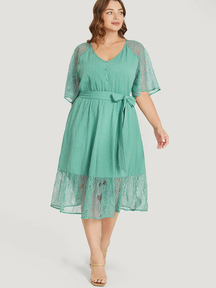 Plain Pocket Lace Raglan Sleeve Ruffle Belted Plisse Dress sold by Bloomchic product image thumbnail 5