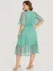 Plain Pocket Lace Raglan Sleeve Ruffle Belted Plisse Dress sold by Bloomchic