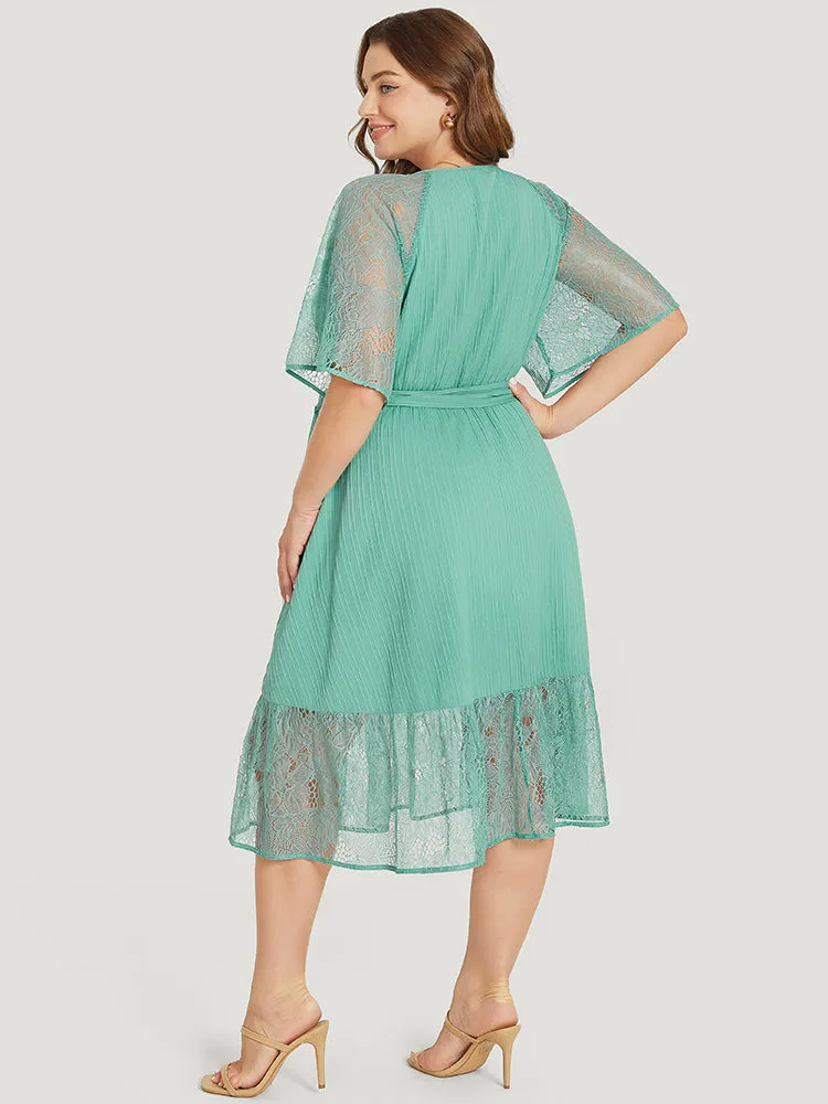 Plain Pocket Lace Raglan Sleeve Ruffle Belted Plisse Dress sold by Bloomchic product image thumbnail 2