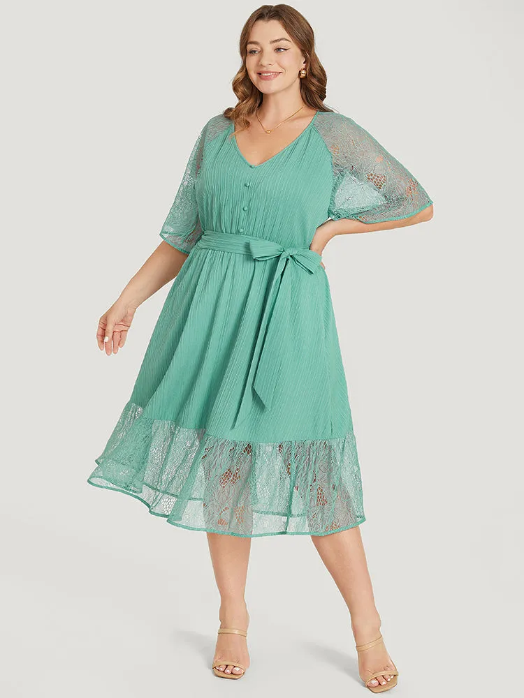 Plain Pocket Lace Raglan Sleeve Ruffle Belted Plisse Dress sold by Bloomchic product image thumbnail 3