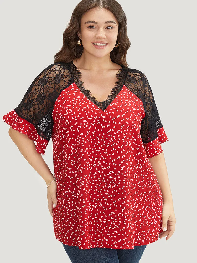 Heart Print Contrast Lace Ruffle Sleeve Blouse sold by Bloomchic product image thumbnail 3