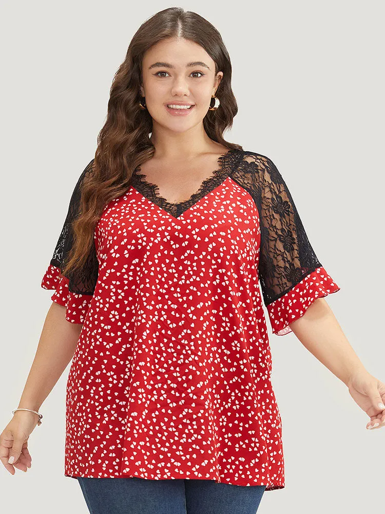 Heart Print Contrast Lace Ruffle Sleeve Blouse sold by Bloomchic