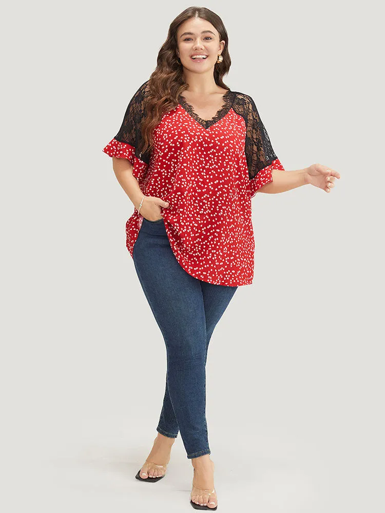 Heart Print Contrast Lace Ruffle Sleeve Blouse sold by Bloomchic product image thumbnail 5