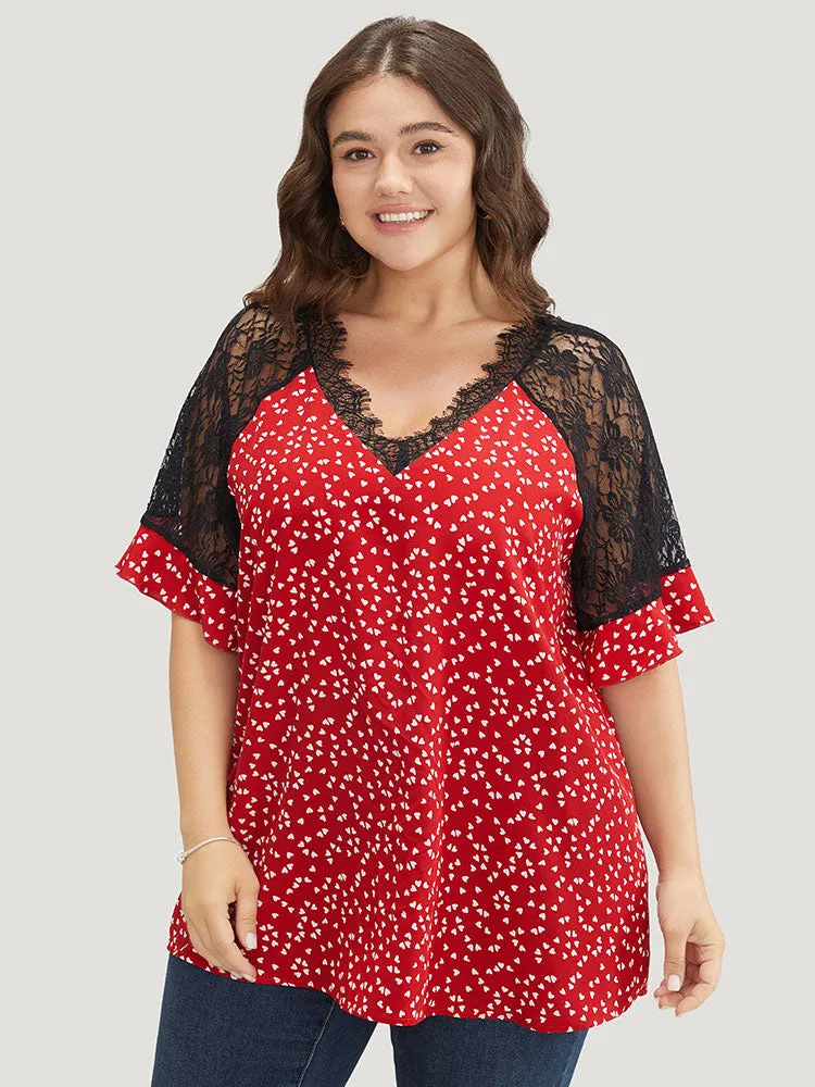 Heart Print Contrast Lace Ruffle Sleeve Blouse sold by Bloomchic product image thumbnail 4