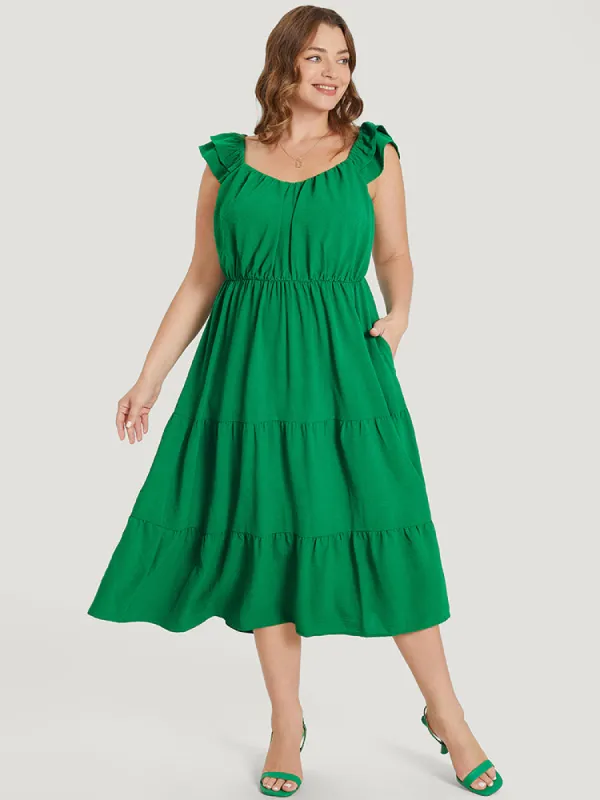 Plain Ruffle Tiered Pocket Elastic Waist Cami Dress sold by Bloomchic