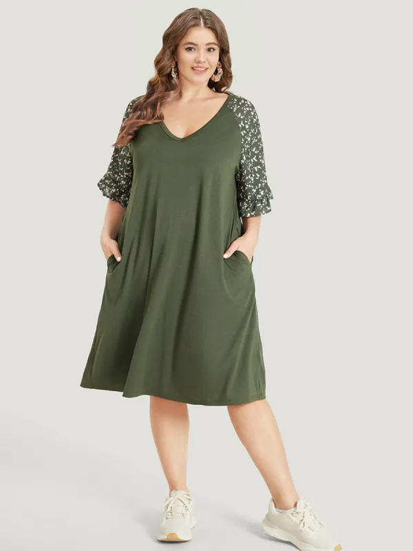 Ditsy Floral Ruffle Trim Raglan Sleeve Pocket Dress sold by Bloomchic