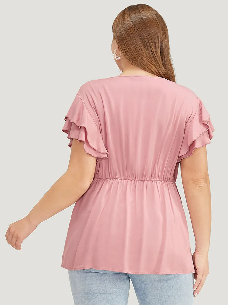 Solid Ruffle Tiered Sleeve Gathered Button Up Blouse sold by Bloomchic product image thumbnail 2