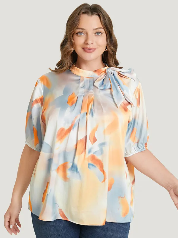 Ombre Print Knotted Keyhole Puff Sleeve Belted Blouse sold by Bloomchic