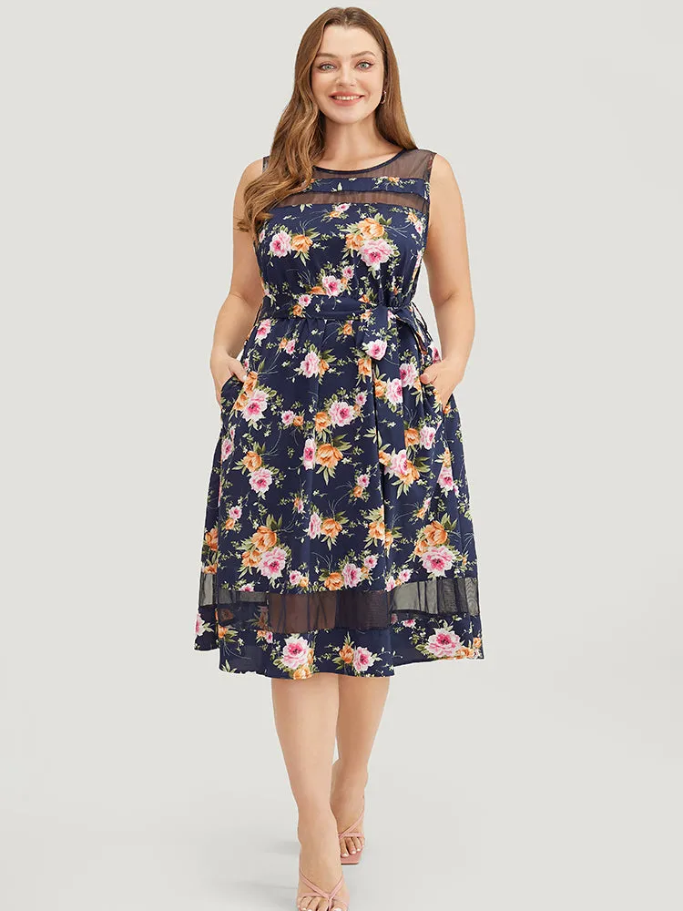 Floral Pocket Belted Mesh Insert Flutter Hem Tank Dress sold by Bloomchic product image thumbnail 5