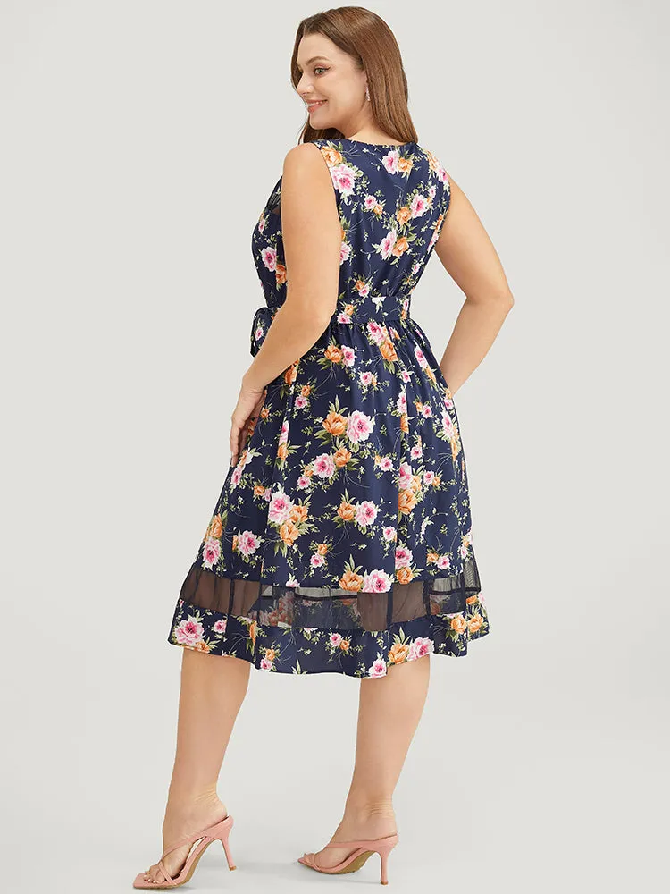Floral Pocket Belted Mesh Insert Flutter Hem Tank Dress sold by Bloomchic product image thumbnail 2