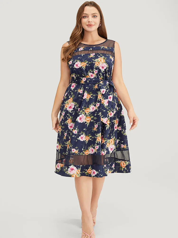 Floral Pocket Belted Mesh Insert Flutter Hem Tank Dress sold by Bloomchic product image thumbnail 3