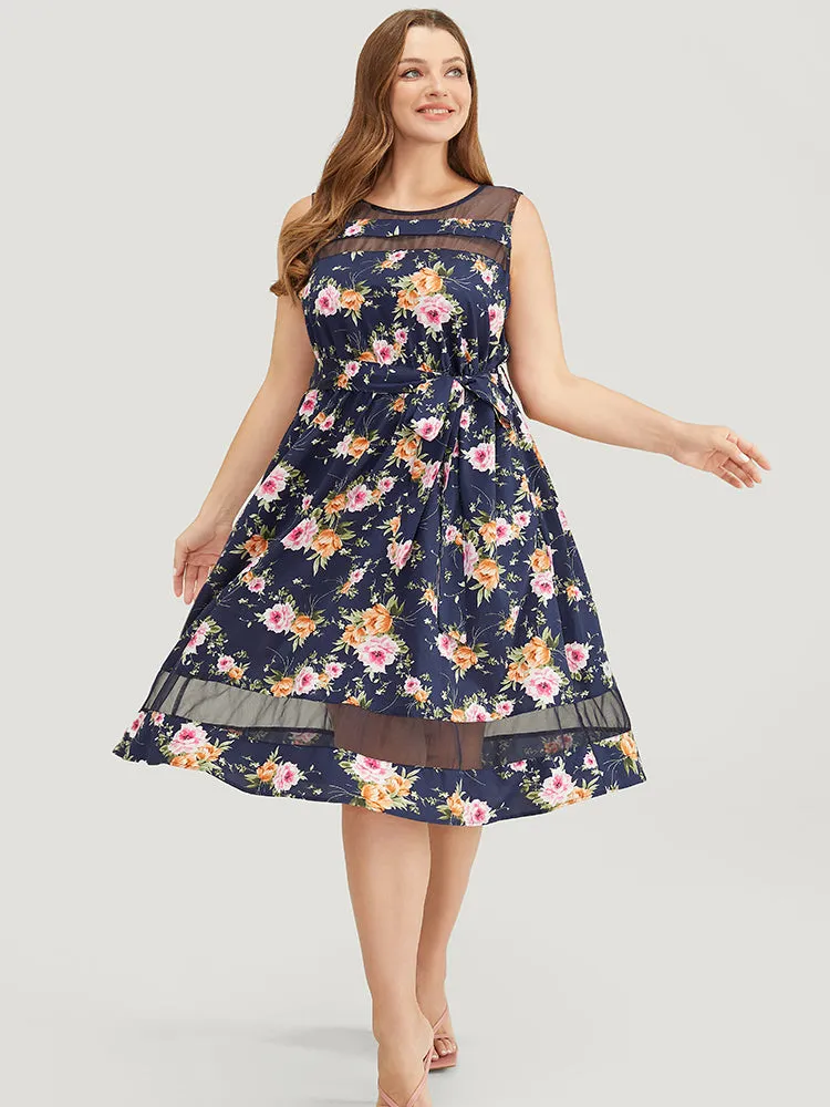 Floral Pocket Belted Mesh Insert Flutter Hem Tank Dress sold by Bloomchic product image thumbnail 4