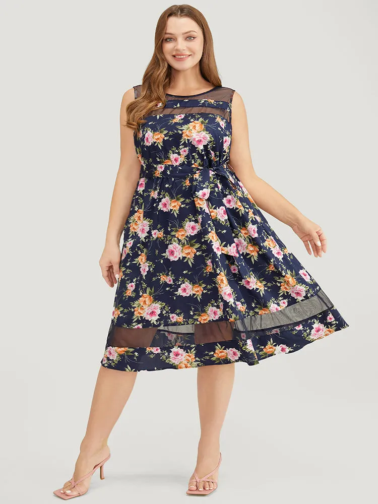 Floral Pocket Belted Mesh Insert Flutter Hem Tank Dress sold by Bloomchic