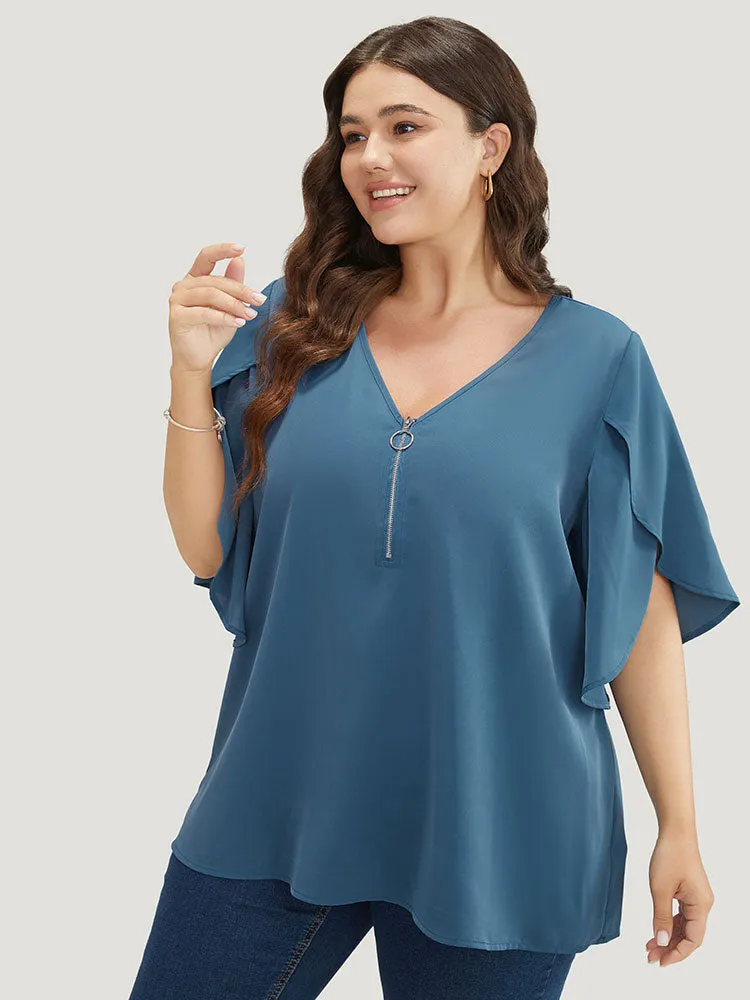 Solid Half Zipper Split Petal Sleeve Blouse sold by Bloomchic product image thumbnail 3