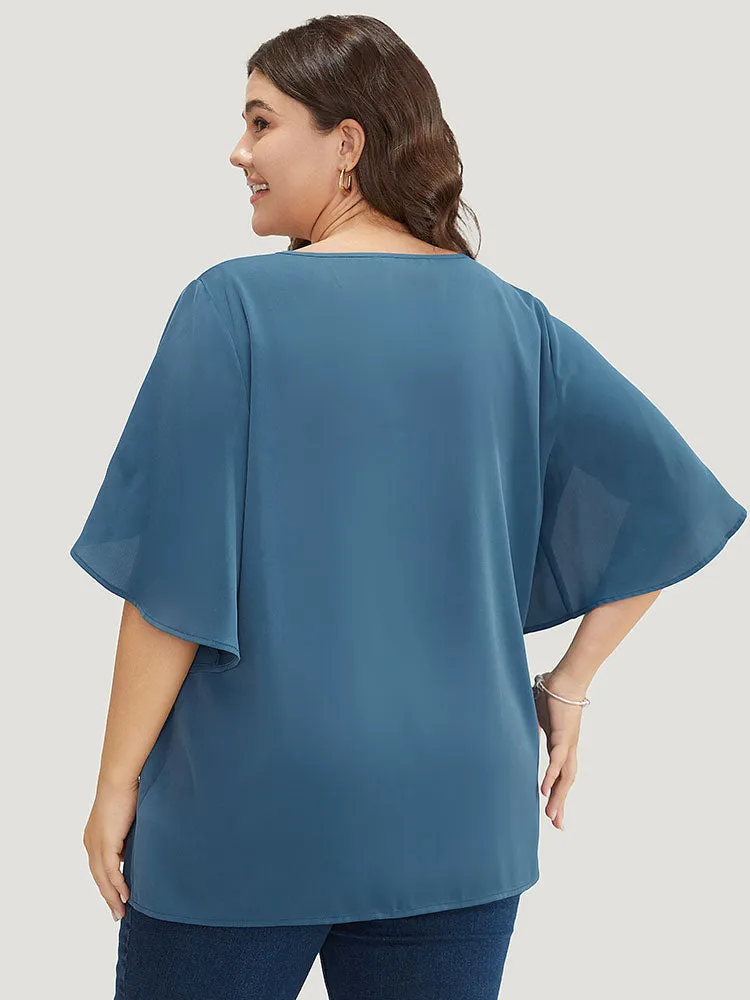 Solid Half Zipper Split Petal Sleeve Blouse sold by Bloomchic product image thumbnail 4