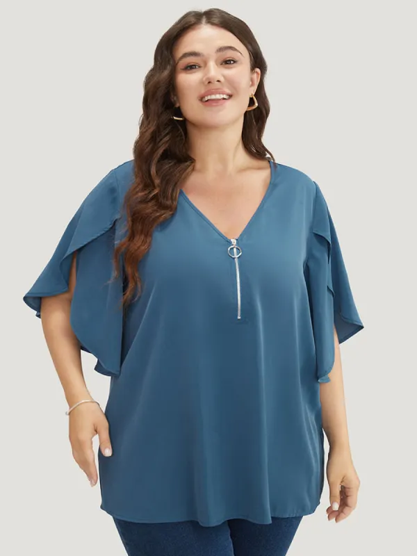 Solid Half Zipper Split Petal Sleeve Blouse sold by Bloomchic