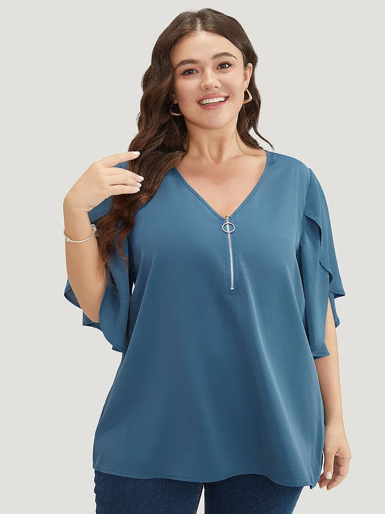 Solid Half Zipper Split Petal Sleeve Blouse sold by Bloomchic product image thumbnail 2