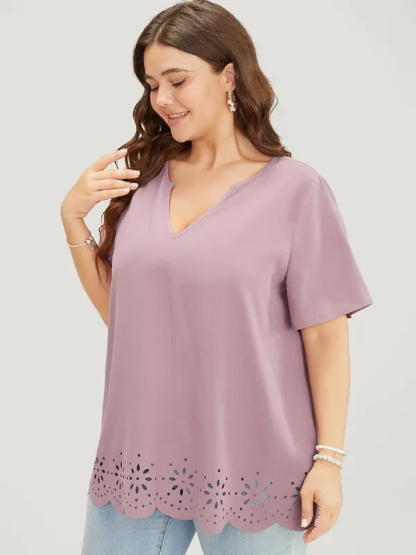 Plain Laser Cut Notched Scalloped Hem Blouse sold by Bloomchic