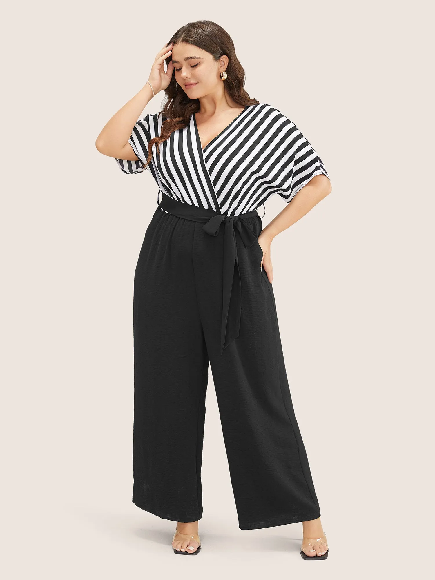 Striped Patchwork Pocket Batwing Sleeve Belted Wrap Jumpsuit sold by Bloomchic product image thumbnail 4