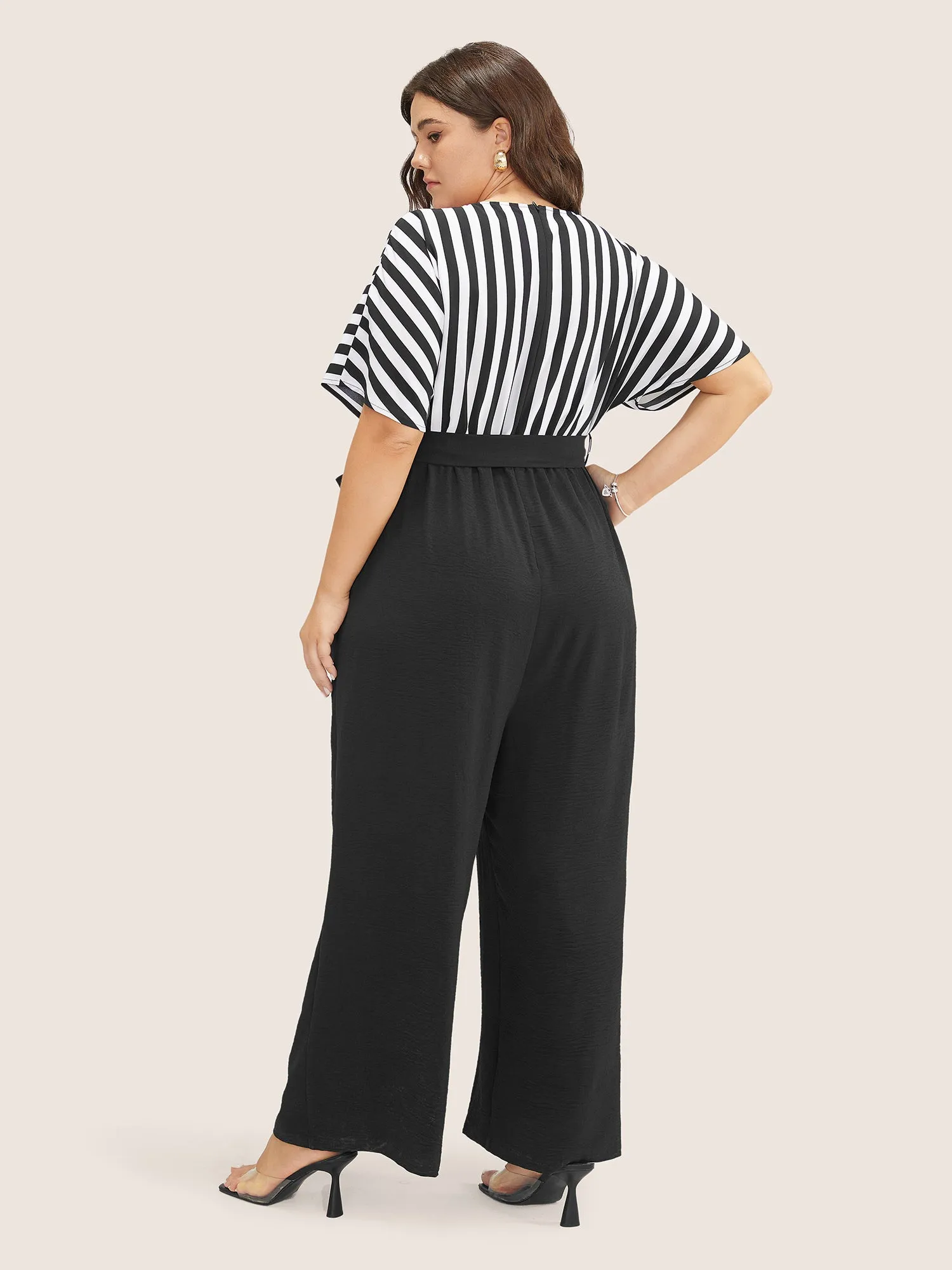 Striped Patchwork Pocket Batwing Sleeve Belted Wrap Jumpsuit sold by Bloomchic product image thumbnail 2