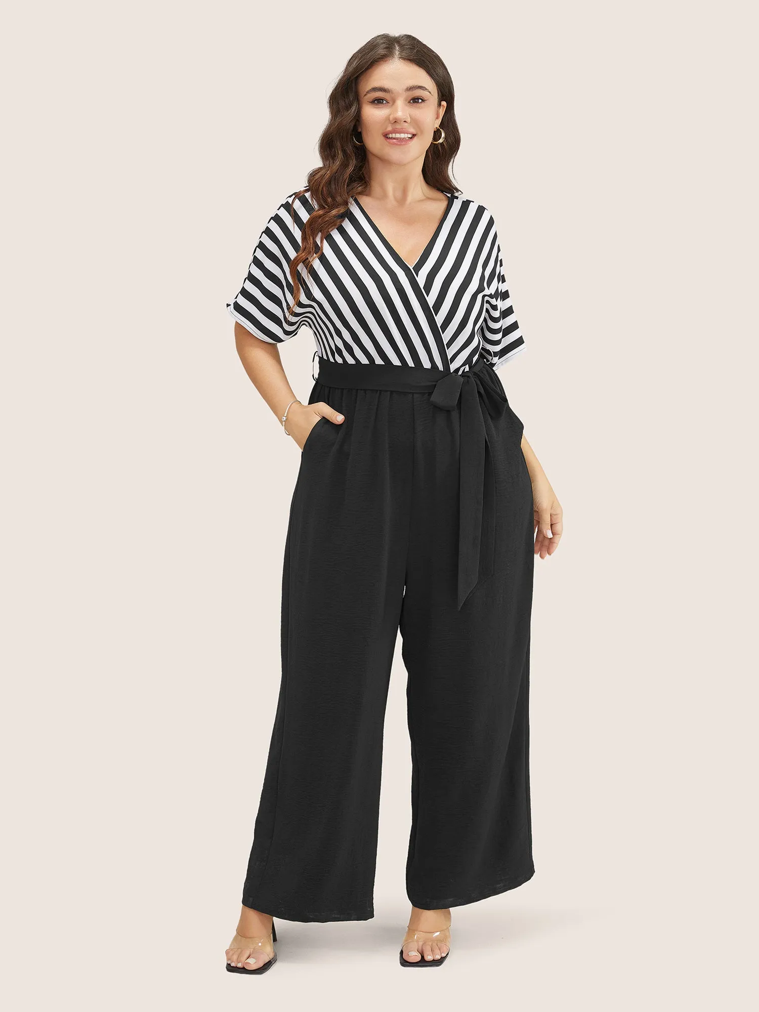 Striped Patchwork Pocket Batwing Sleeve Belted Wrap Jumpsuit sold by Bloomchic