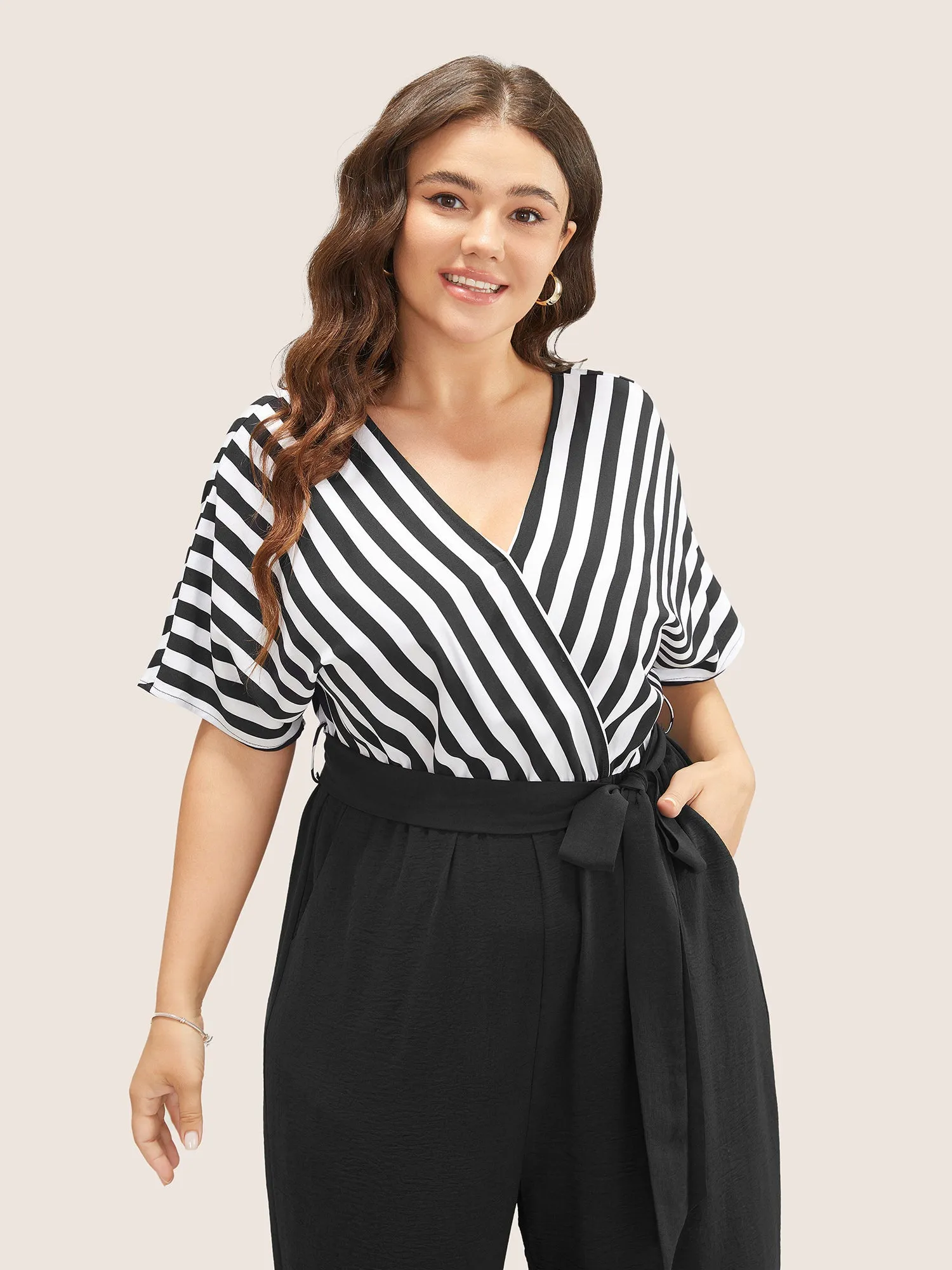 Striped Patchwork Pocket Batwing Sleeve Belted Wrap Jumpsuit sold by Bloomchic product image thumbnail 5