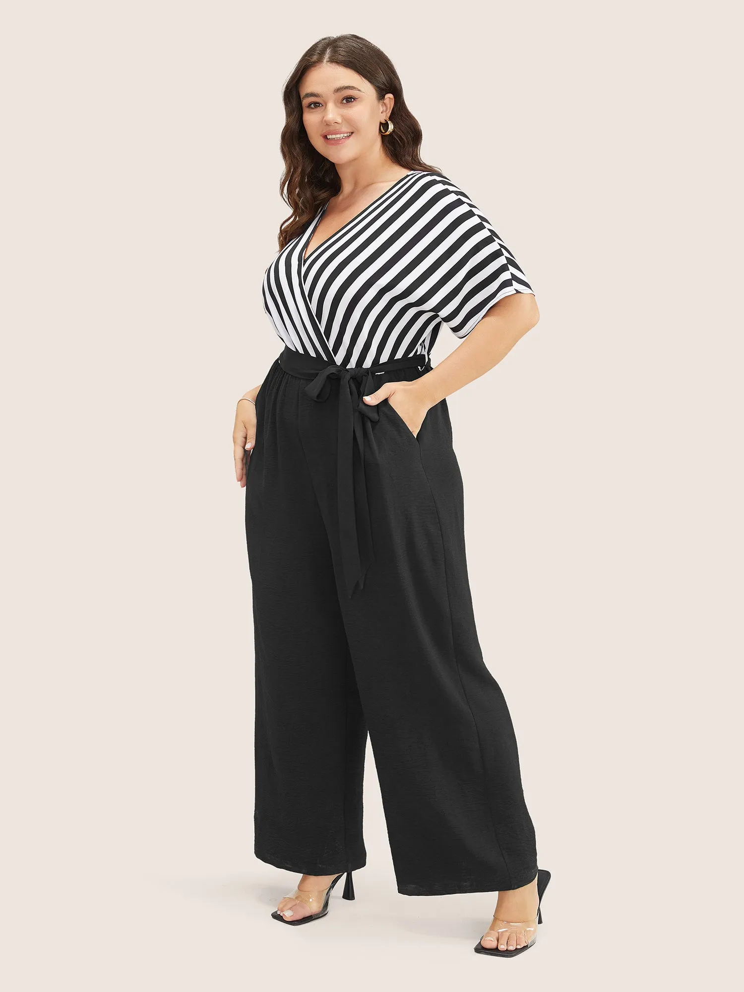 Striped Patchwork Pocket Batwing Sleeve Belted Wrap Jumpsuit sold by Bloomchic product image thumbnail 3