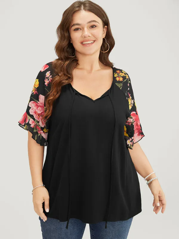 Floral Raglan Sleeve Keyhole Tie Neck Blouse sold by Bloomchic