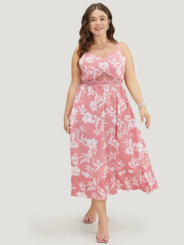 Floral Ruffle Hem Pocket Lace Mesh Insert Cami Dress sold by Bloomchic product image thumbnail 4