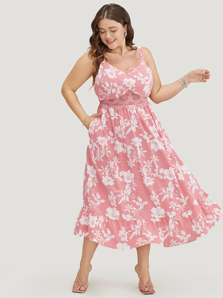 Floral Ruffle Hem Pocket Lace Mesh Insert Cami Dress sold by Bloomchic product image thumbnail 2