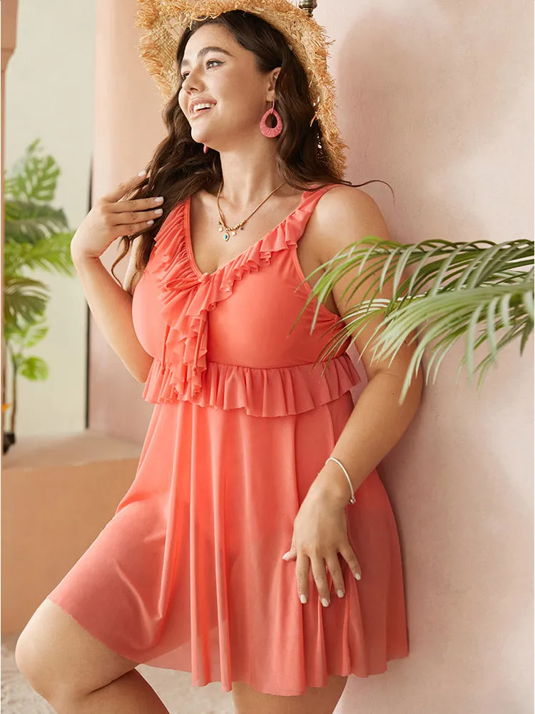 Knotted Ruffle Trim V Neck Mesh Hem Swim Dress sold by Bloomchic product image thumbnail 3