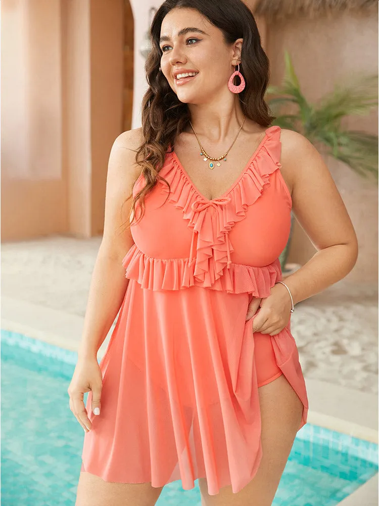 Knotted Ruffle Trim V Neck Mesh Hem Swim Dress sold by Bloomchic product image thumbnail 4