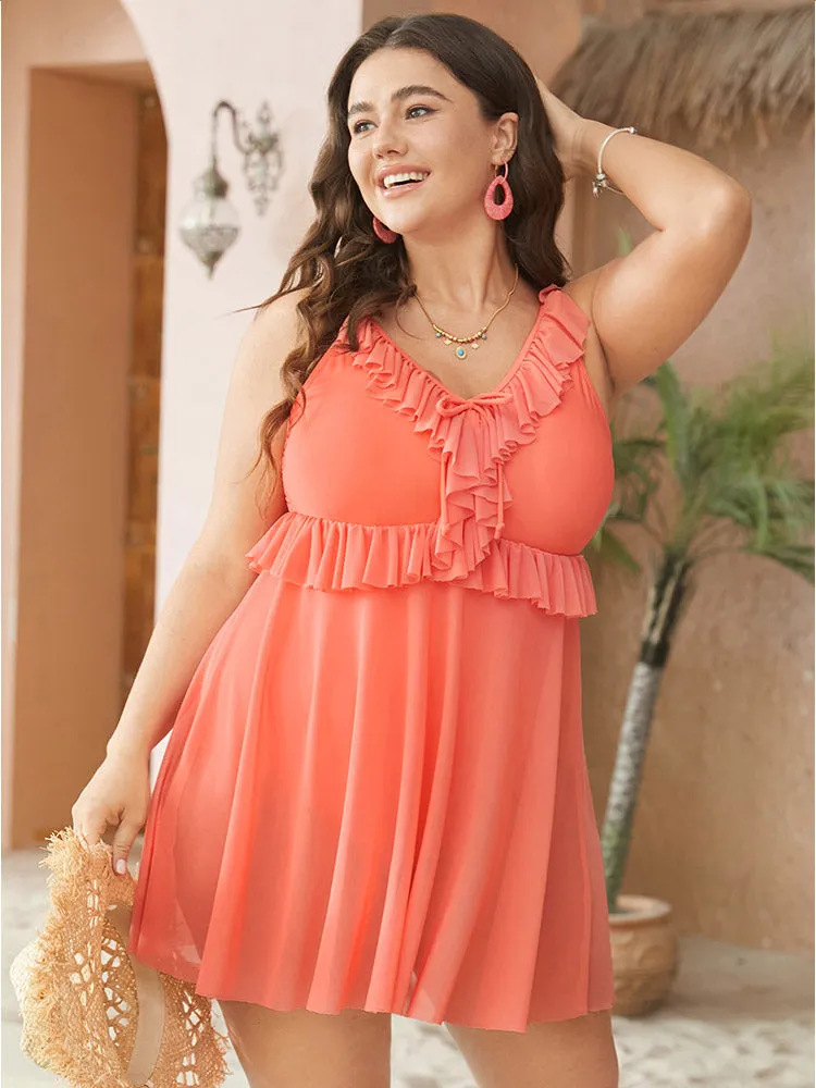 Knotted Ruffle Trim V Neck Mesh Hem Swim Dress sold by Bloomchic